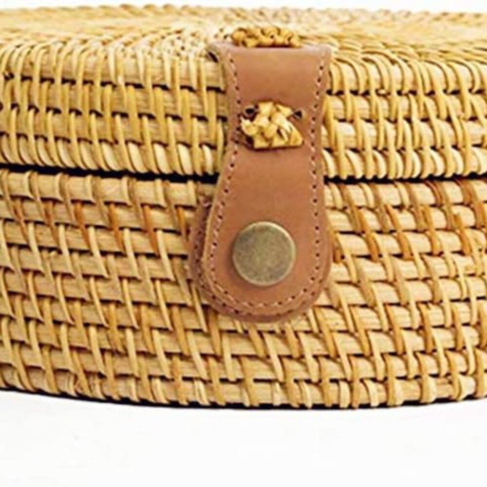 Handwoven Round Rattan Straw Bag for Women Shoulder Leather Button Straps Natura - Picture 9 of 9